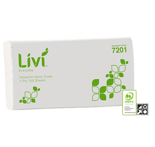 Livi Everyday/Basics Ultraslim Hand Towel 230mm x 240mm 1 Ply 150 Sheets 16 Packs/CTN