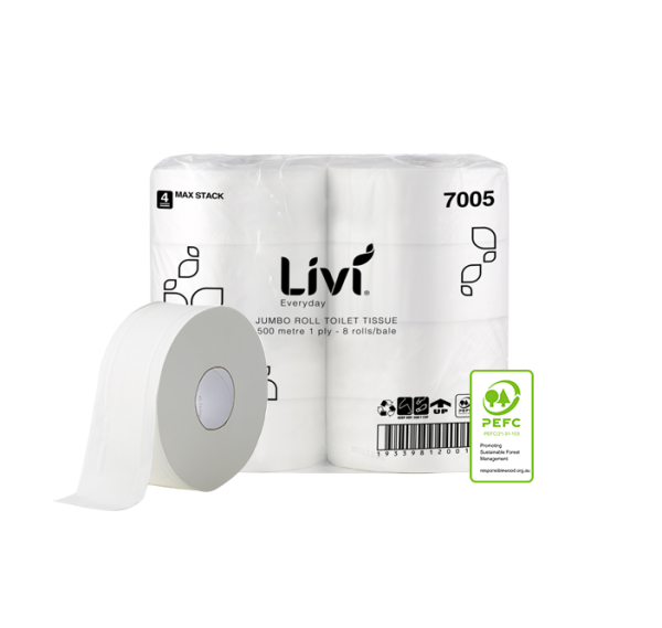 Livi Basics Jumbo Toilet Tissue 1 Ply 500m ROLL 8 Rolls/CTN