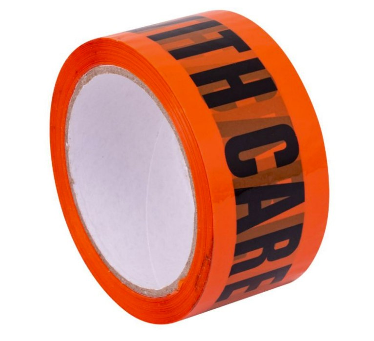 Stylus Acrylic 'HANDLE WITH CARE' Tape Fluro Orange/Black 48mm