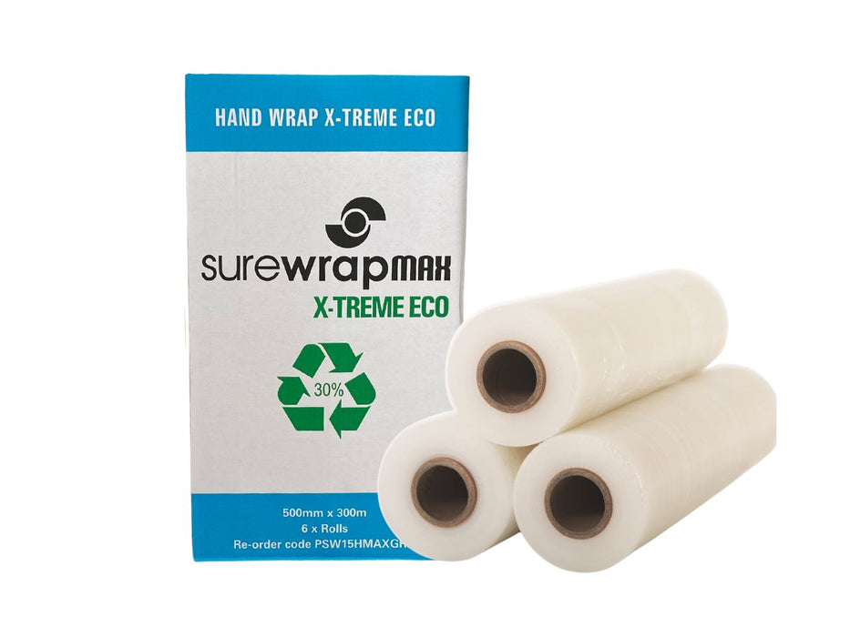 Clear Hand Stretch Film Pallet Wrap SurewrapMax X-treme Eco 30% Recycled 500mm x 300m 15um 6 ROLLS/CTN