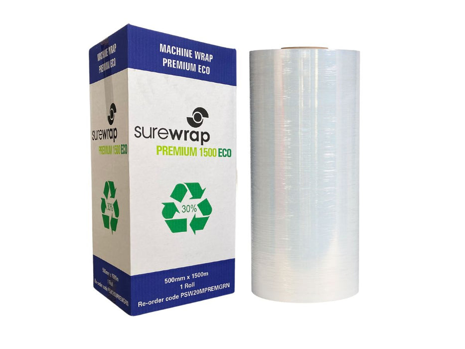 Clear Machine Stretch Film Pallet Wrap Surewrap Premium 1500 Eco 30% Recycled 500mm x 1500m 20um ROLL
