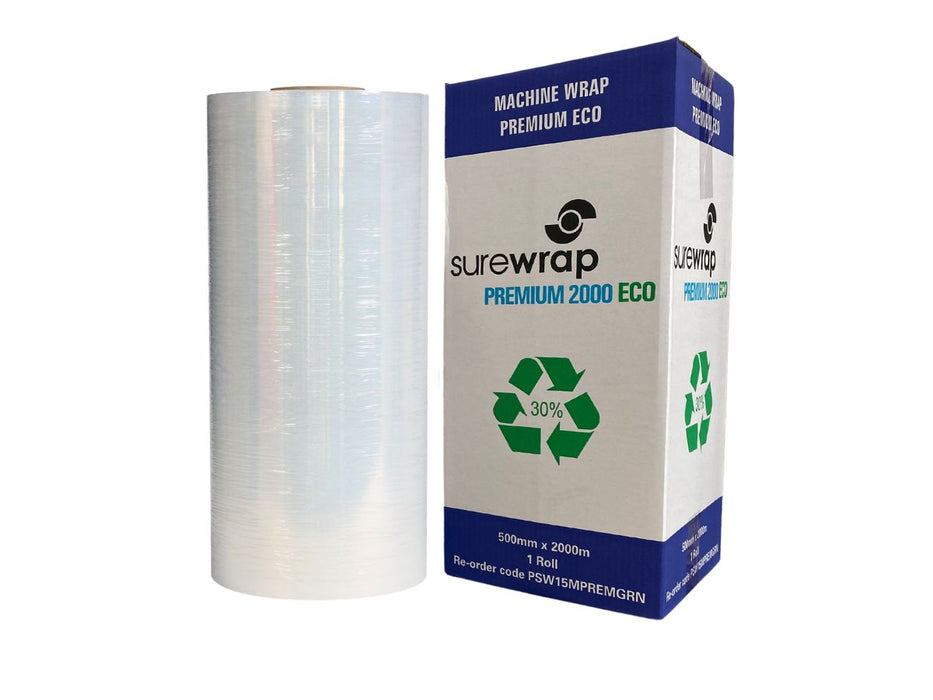 Clear Machine Stretch Film Pallet Wrap Surewrap Premium 2000 Eco 30% Recycled 500mm x 2000m 15um ROLL