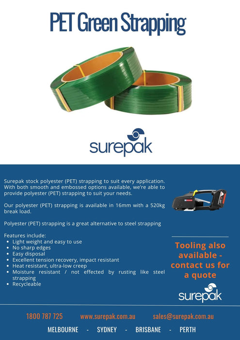 Green Embossed PET Strapping 520kg Break Load 16mm x 1100m 0.9mm