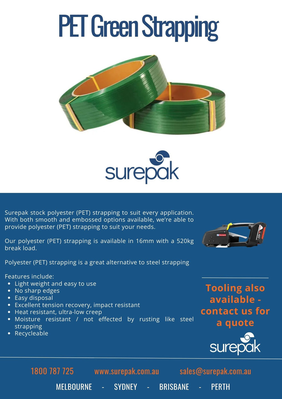 Green Embossed PET Strapping 520kg Break Load 16mm x 1100m 0.9mm ...