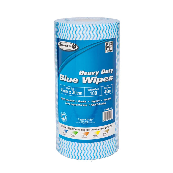 Heavy Duty Wipes Blue 300mm x 450mm x 45m 100 x WIPES/ROLL 6 x ROLLS/CTN